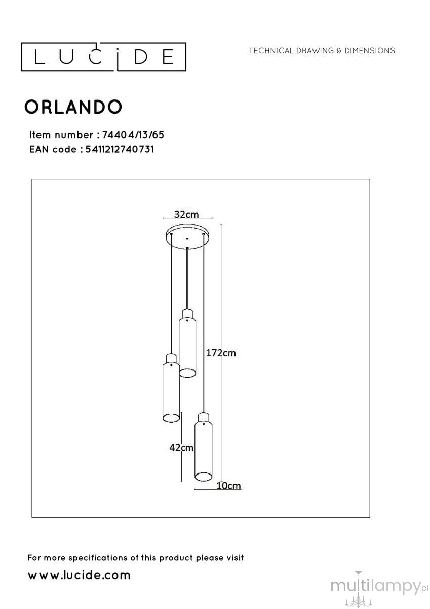 Czarna lampa wisząca Orlando z trzema punktami świetlnymi, o wysokości 172 cm i średnicy 32 cm. Posiada cylindryczne klosze o długości 42 cm oraz średnicy 10 cm, zawieszone na długich linkach. Idealna do nowoczesnych wnętrz.