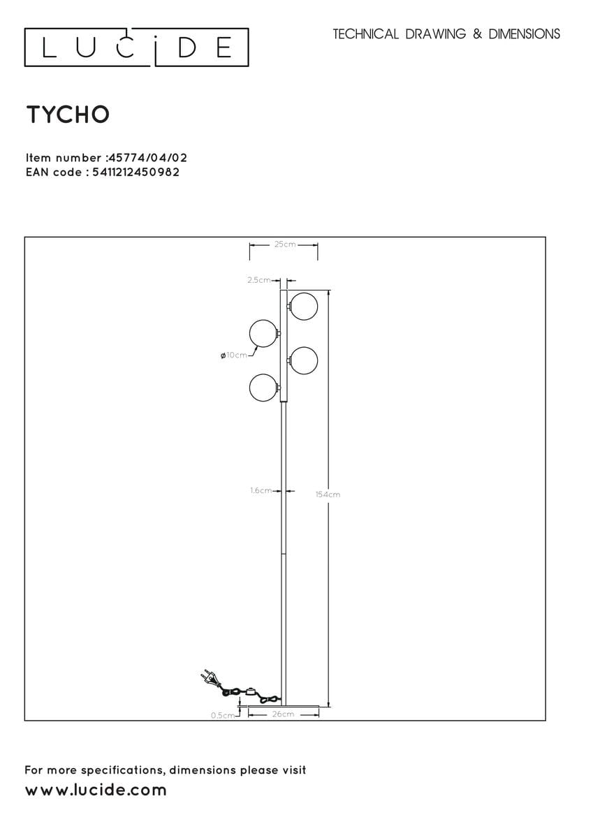 Lampa podłogowa Tycho w kolorze mosiężnym, z czterema okrągłymi źródłami światła. Stojąca konstrukcja z wąską podstawą. Wymiary: szerokość 26 cm, wysokość 154 cm. Prosta, elegancka forma, idealna do nowoczesnych wnętrz.