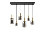 Czarna lampa wisząca Joanet z sześcioma szklanymi kloszami w kształcie cylindrów, zawieszona na cienkich linkach. Klosze mają złote mocowania, a wewnątrz widoczne źródła światła. Lampa montowana do sufitu, idealna do nowoczesnych wnętrz.