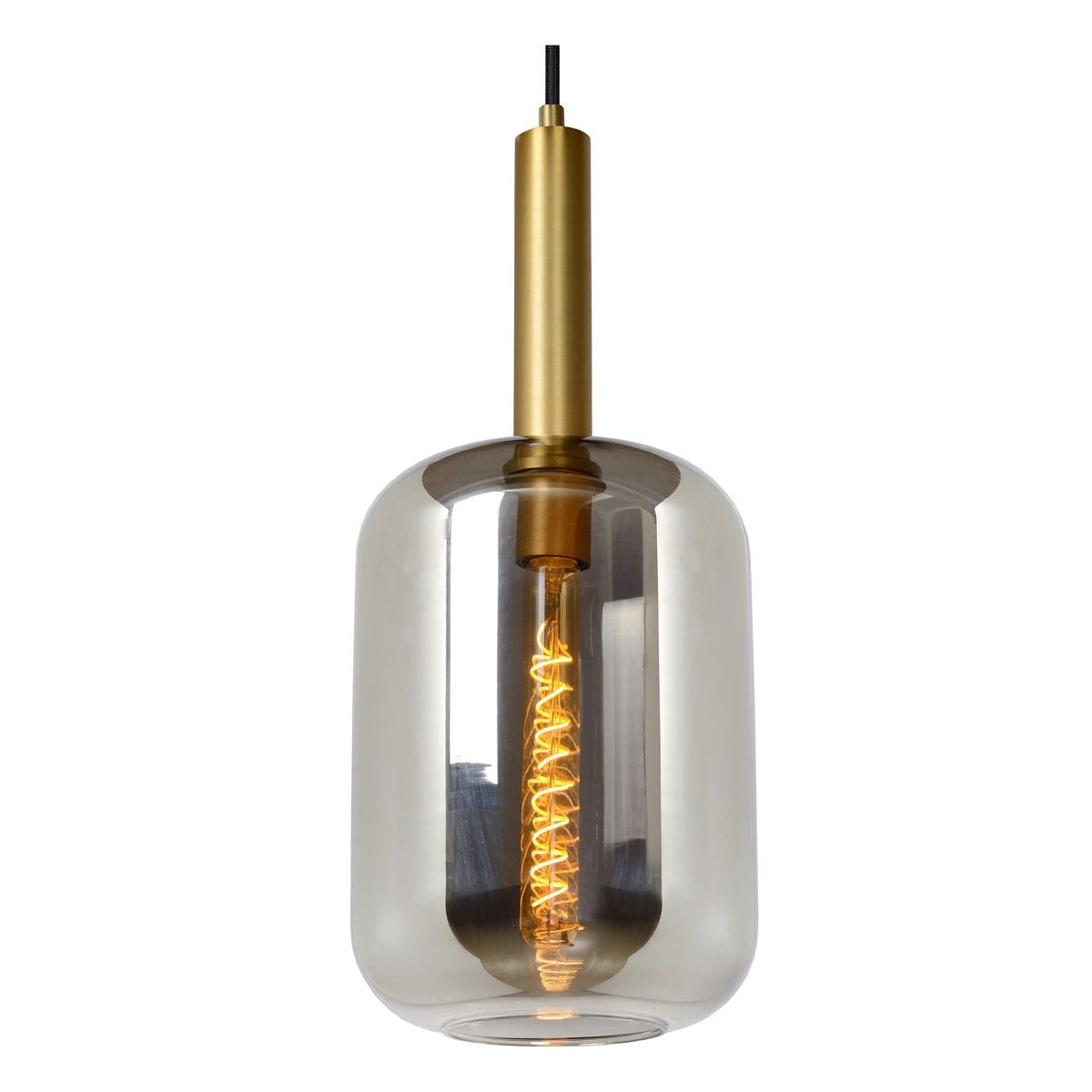 Lampa wisząca Joanet 1-punktowa w czarnej kolorystyce z metalowym, złotym uchwytem. Szklany klosz w kształcie cylindrycznym, z widoczną spiralną żarówką w środku. Produkt zawieszony na cienkim, czarnym przewodzie.