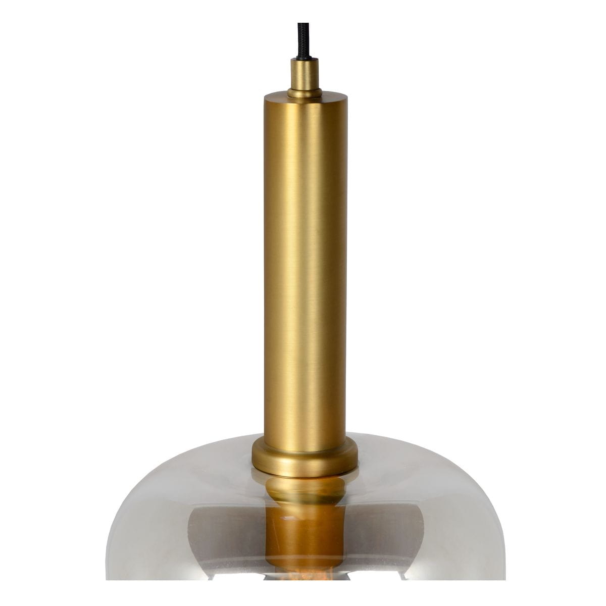 Lampa wisząca Joanet 1-punktowa w kolorze czarnym z metalowym, złotym trzonem. Ujęcie z góry, pokazujące detal mocowania oraz przezroczystą klosz. Kabel z czarnym oplotem. Idealna do nowoczesnych wnętrz.