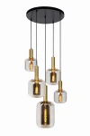 Lampa wisząca Joanet 5-punktowa w kolorze czarnym, z pięcioma szklanymi kloszami w różnych kształtach, z złotymi elementami mocującymi. Produkt zawieszony na czarnych linkach, montowany do sufitu. Klosze transparentne z widocznymi źródłami światła.