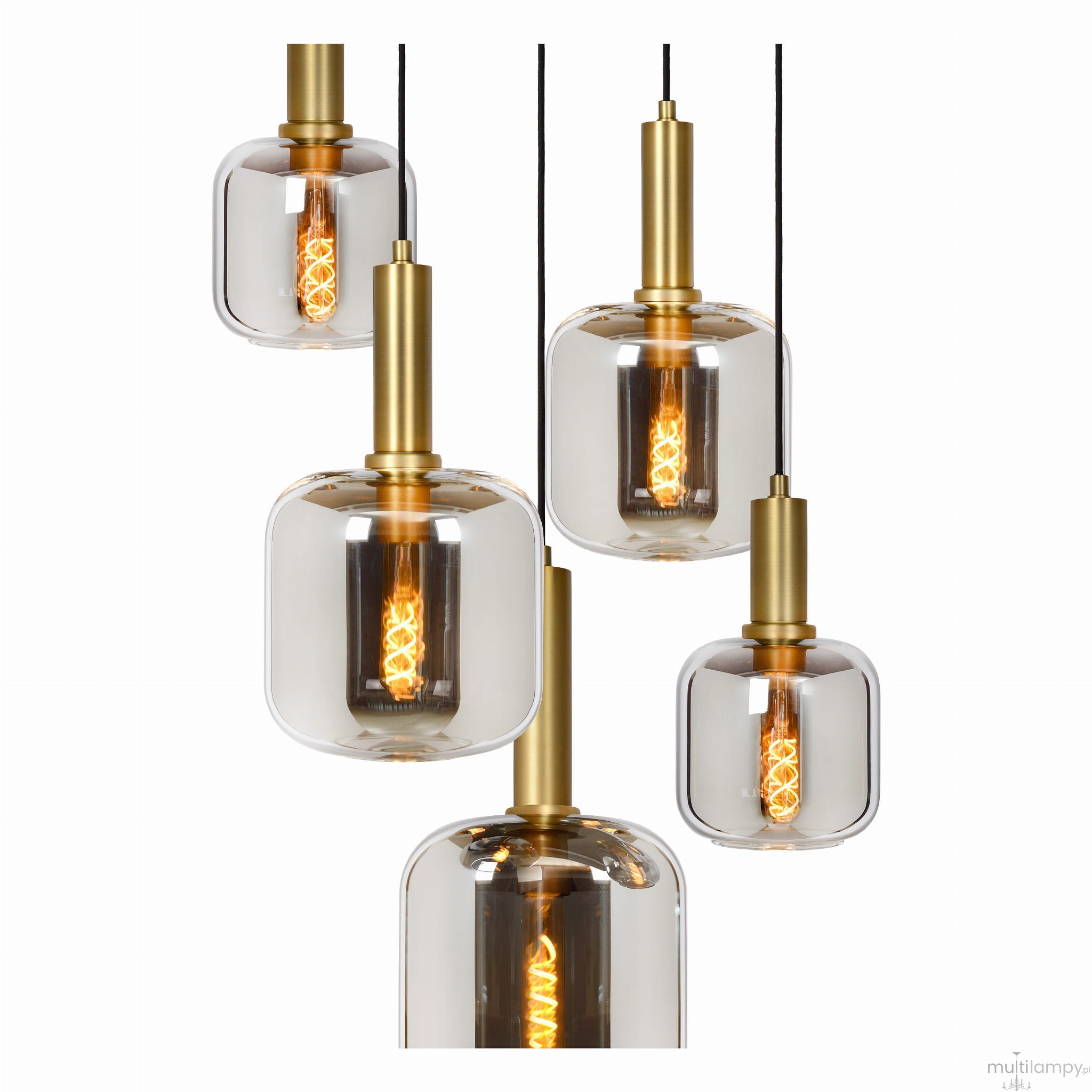 Lampa wisząca Joanet 5-punktowa w kolorze czarnym, z pięcioma szklanymi kloszami w różnych kształtach, zawieszonymi na czarnych kablach. Metalowe elementy w kolorze złotym, widoczne żarówki z dekoracyjnym filamentem.