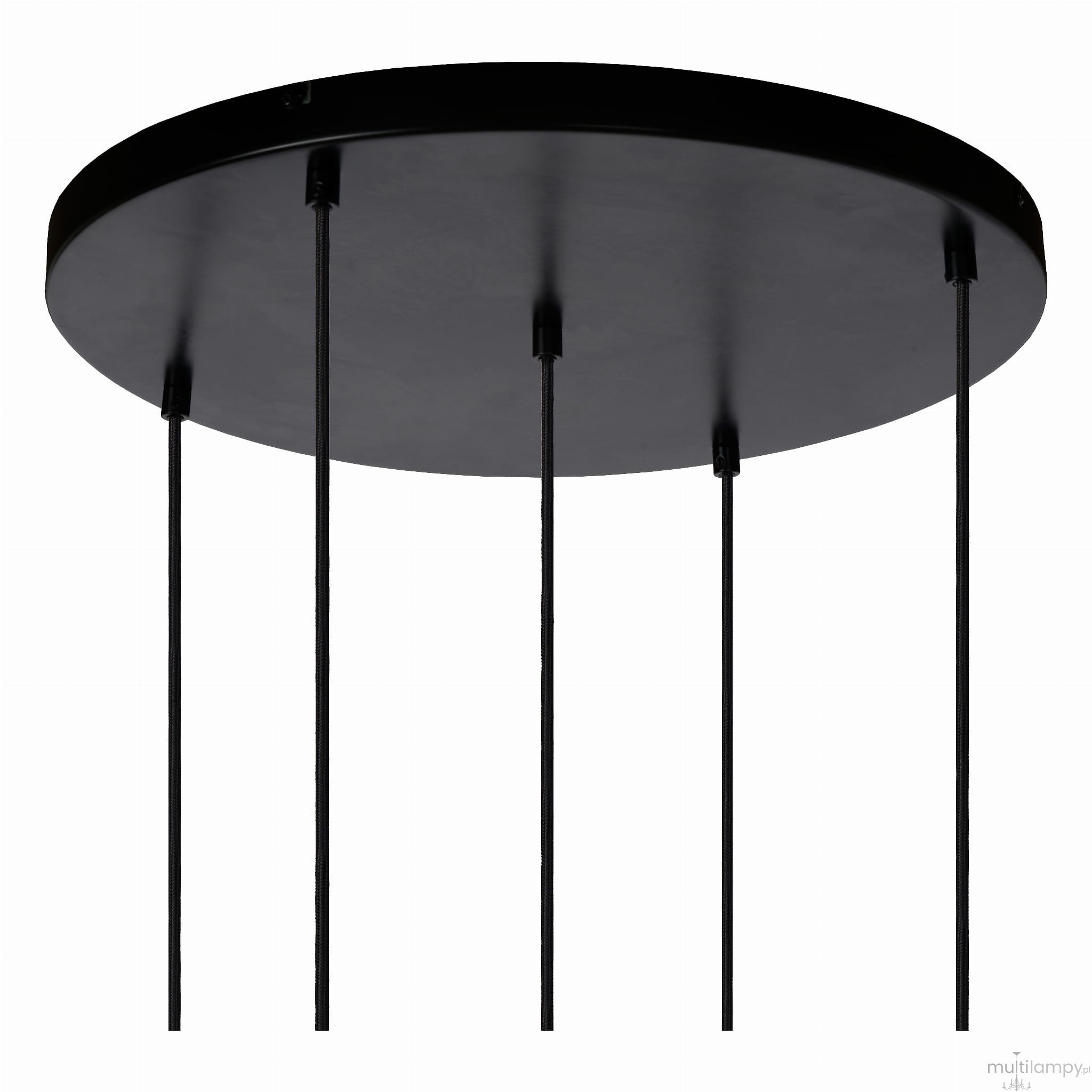 Czarna lampa wisząca Joanet 5-punktowa, widok od góry. Okrągła podsufitka z metalicznym wykończeniem, z pięcioma cienkimi przewodami zawieszającymi. Prosta, nowoczesna konstrukcja. Tło białe, co podkreśla elegancki design lampy.