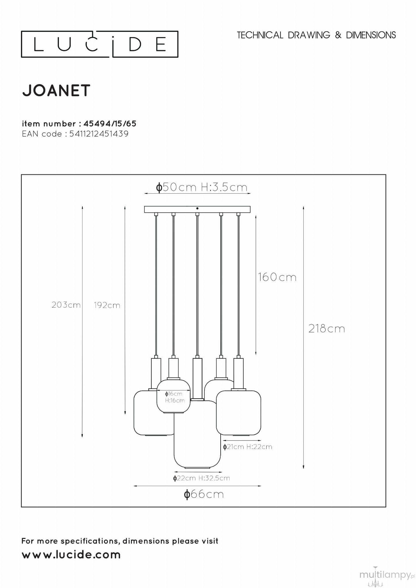 Czarna lampa wisząca Joanet z pięcioma punktami świetlnymi, o okrągłym, minimalistycznym kształcie. Ułożona w dół, zawieszona na długich linkach. Średnica górnej części wynosi 50 cm, a dolnych kloszy 21 cm. Idealna do nowoczesnych wnętrz.