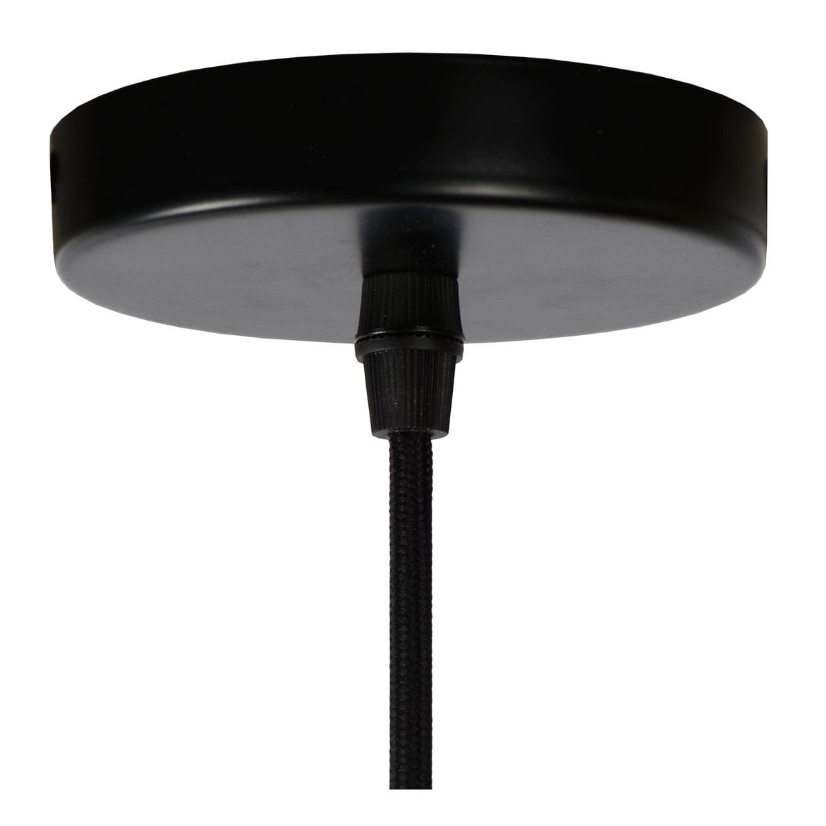 Czarna, okrągła podsufitka lampy wiszącej Gosse z jednopunktowym zawieszeniem. Widoczny czarny kabel, mocowanie z tworzywa sztucznego. Prosta forma, idealna do nowoczesnych wnętrz.