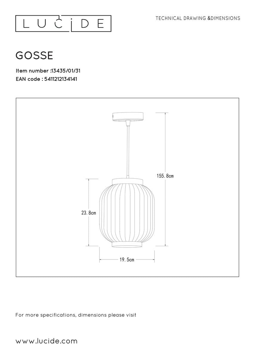 Czarna lampa wisząca Gosse 1-punktowa, o wysokości 155,8 cm i średnicy 19,5 cm, z okrągłym kloszem w pionowe żłobienia. Zawieszona na cienkim przewodzie, idealna do nowoczesnych wnętrz.