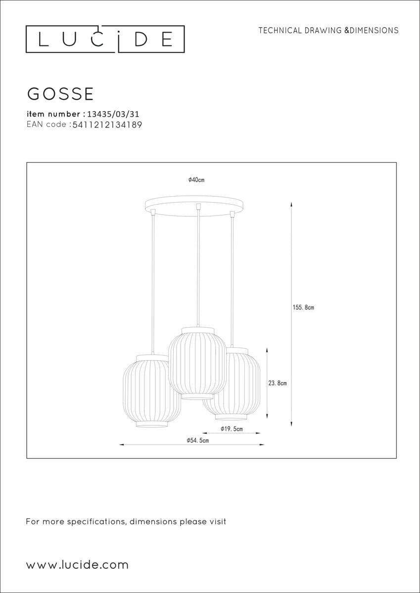 Lampa wisząca Gosse 3-punktowa w kolorze czarnym, z trzema kloszami w kształcie cylindrów o fakturze żłobionej, zawieszona na cienkich linkach. Wymiary: średnica kloszy 19,5 cm, wysokość 155,8 cm. Proste tło techniczne.