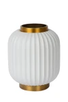 Lampka stołowa Gosse H23,8 cm, mosiężna, z białym, żłobkowanym kloszem. Ujęcie z boku, prezentująca zaokrąglony kształt i złotą obręcz u góry. Stoi na mosiężnej podstawie, na jednolitym tle.