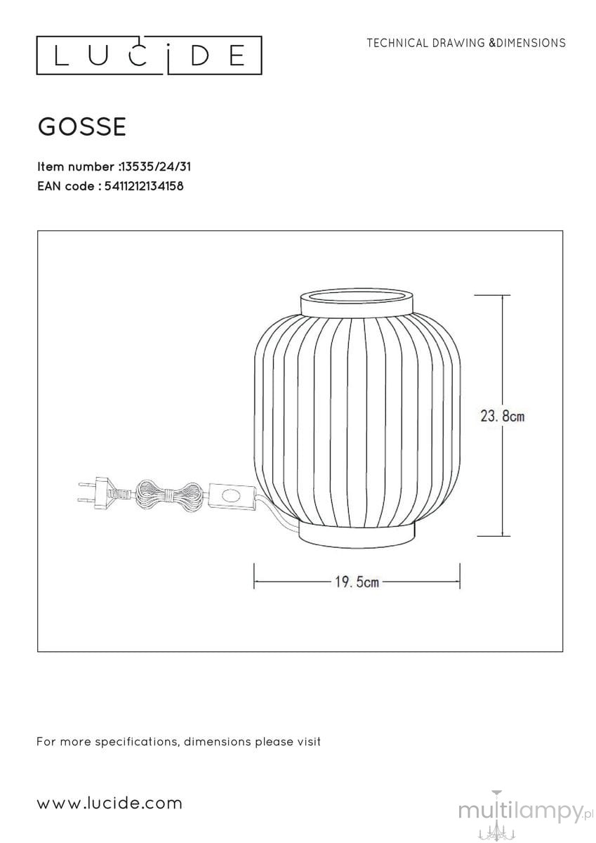 Lampka stołowa Gosse H23,8 o mosiężnej podstawie, o wymiarach 23,8 cm wysokości i 19,5 cm średnicy, z okrągłym, żebrowanym kloszem. Ujęcie z boku, z widocznym kablem z wtyczką. Prosta forma, idealna do nowoczesnych wnętrz.