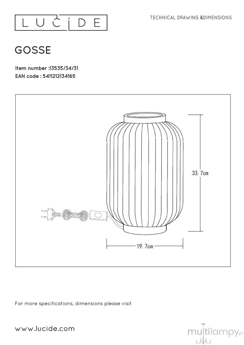 Lampka stołowa Gosse w kolorze mosiądzu, o wysokości 33,7 cm i średnicy 19,7 cm, z pionowymi żłobieniami na obudowie. Zasilana z sieci, z widocznym kablem i włącznikiem. Ujęcie z boku, pokazujące całą strukturę lampki.