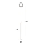 Lampa wisząca Scop LED 1-punktowa w kolorze białym i czarnym. Prosta konstrukcja z cylindrycznym kloszem o średnicy 28 mm i długości 1200 mm. Zawieszenie na cienkim przewodzie, z mocowaniem sufitowym o średnicy 65 mm. Wysokość całkowita 1200 mm.