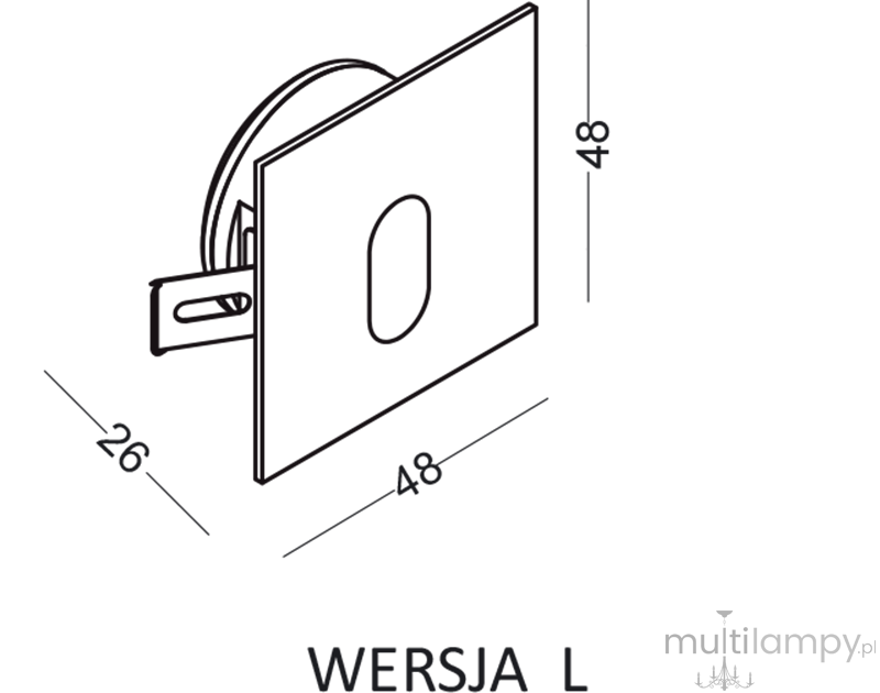 Lesel LED oprawa schodowa 001 L, prostokątna, w kolorze białym, o wymiarach 48x48 mm i grubości 26 mm. Z tyłu widoczny element mocujący. Przeznaczona do wbudowania, idealna do oświetlenia schodów. Prosty, minimalistyczny design.