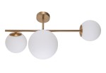 Lampa sufitowa Vailante 3-punktowa w kolorze złotym z trzema okrągłymi kloszami z białego szkła. Ujęcie frontalne, lampa zamontowana na suficie, z równomiernie rozmieszczonymi kloszami, które emitują światło w różnych kierunkach.