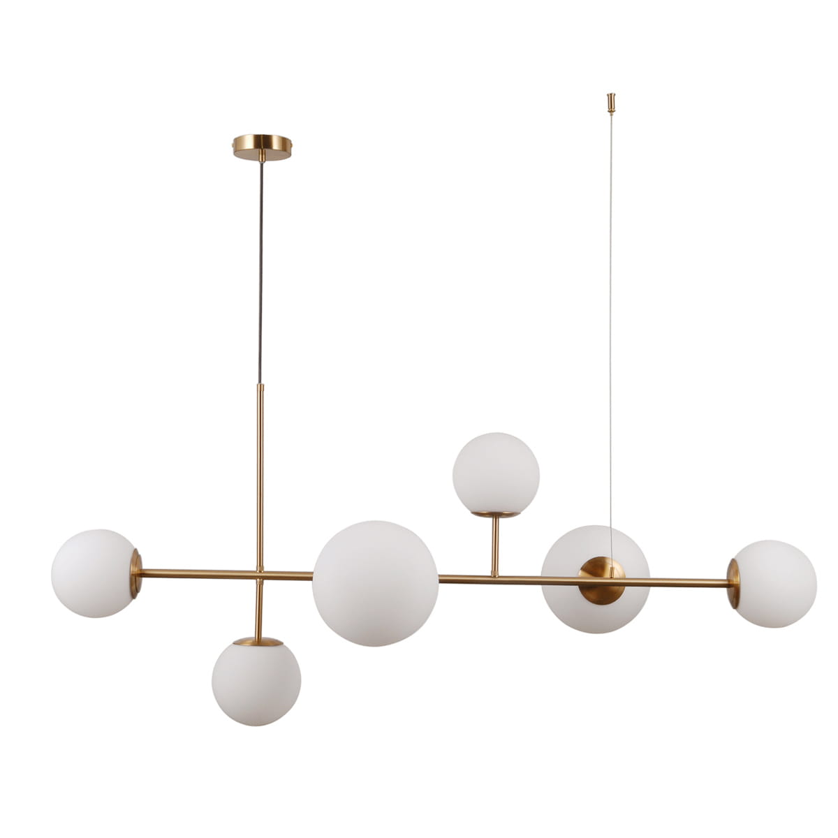 Lampa wisząca Vailante 6-punktowa w złotym wykończeniu. Posiada sześć białych, okrągłych kloszy z matowego szkła, zamocowanych na poziomych i pionowych rurkach. Wisi na cienkim przewodzie, z okrągłym sufitem montażowym.