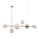 Lampa wisząca Vailante 6-punktowa w złotym wykończeniu. Posiada sześć białych, okrągłych kloszy z matowego szkła, zamocowanych na poziomych i pionowych rurkach. Wisi na cienkim przewodzie, z okrągłym sufitem montażowym.