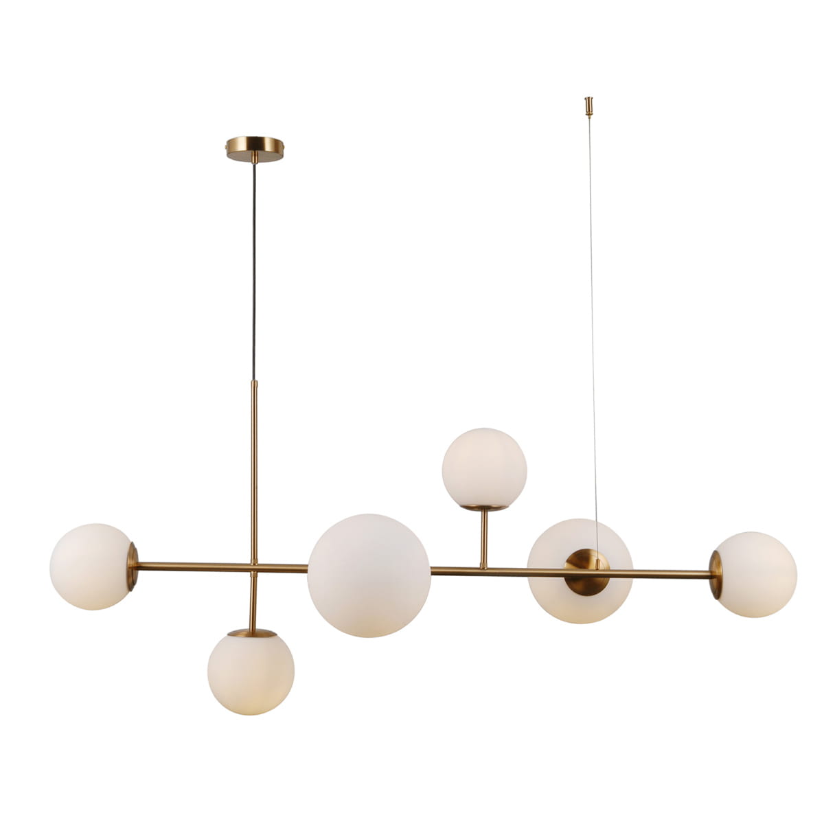 Lampa wisząca Vailante 6-punktowa w złotym wykończeniu. Posiada sześć białych, szklanych kul na metalowej konstrukcji. Zawieszona na cienkim przewodzie, z górnym montażem sufitowym. Idealna do nowoczesnych wnętrz.