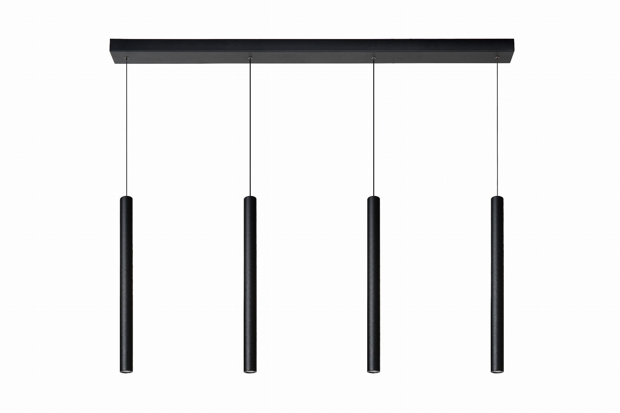 Czarna lampa wisząca LED Lorenz 4-punktowa, składająca się z czterech cylindrycznych punktów świetlnych zawieszonych na cienkich linkach. Ujęcie frontalne, produkt zamontowany na prostokątnej podstawie. Idealna do nowoczesnych wnętrz.