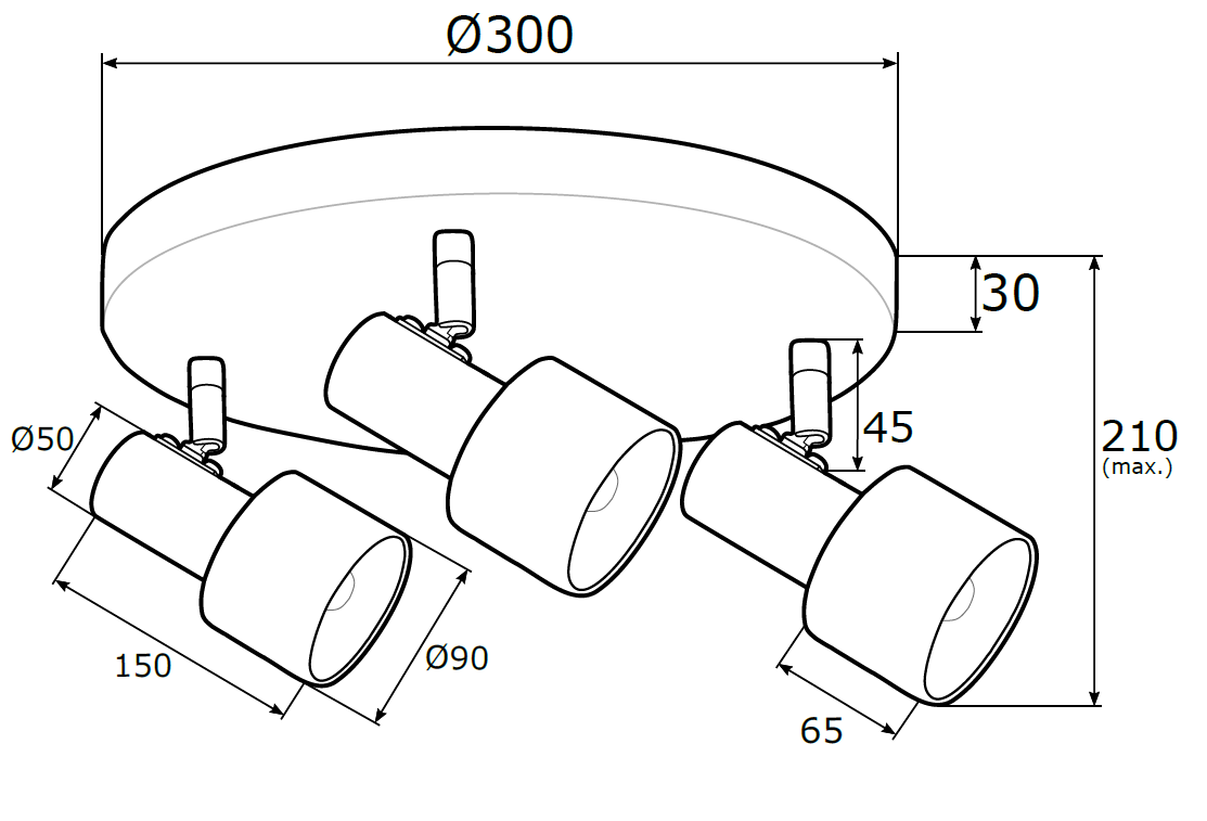 Doria lampa sufitowa 3-punktowa 6006AR, okrągła podstawa o średnicy 300 mm, trzy regulowane reflektory o średnicy 90 mm, wysokość maksymalna 210 mm, z detalami montażowymi. Prosta, nowoczesna konstrukcja.