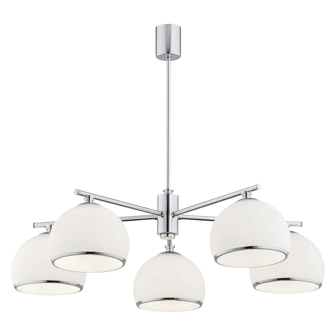 Lampa wisząca Marbella 5-punktowa, z chromowanym stelażem i pięcioma kloszami w białym kolorze o półkulistym kształcie. Produkt zawieszony na długim, prostym ramieniu, idealny do nowoczesnych wnętrz. Tło białe.