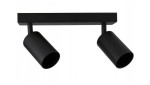 Czarna lampa sufitowa Spoti z dwoma punktami świetlnymi, zamontowana na prostokątnej podstawie. Lampy mają cylindryczny kształt i są ustawione równolegle, skierowane w różnych kierunkach. Idealna do oświetlenia wnętrz.