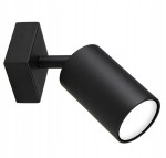 Czarna lampa sufitowa (spot) 1-punktowa z matowym wykończeniem. Cylindryczny klosz zamocowany na prostokątnej podstawie. Ujęcie z boku, ukazujące kąt nachylenia klosza. Prosta, nowoczesna forma, idealna do oświetlenia wnętrz.