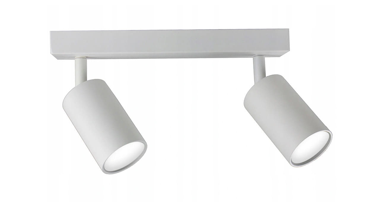 Lampa sufitowa Spoti 2-punktowa w kolorze białym z okrągłymi kloszami. Klosze są zamocowane na krótkich ramionach, skierowane w dół. Zamontowany na prostokątnej podstawie, z mocowaniami. Prosta konstrukcja, idealna do nowoczesnych wnętrz.