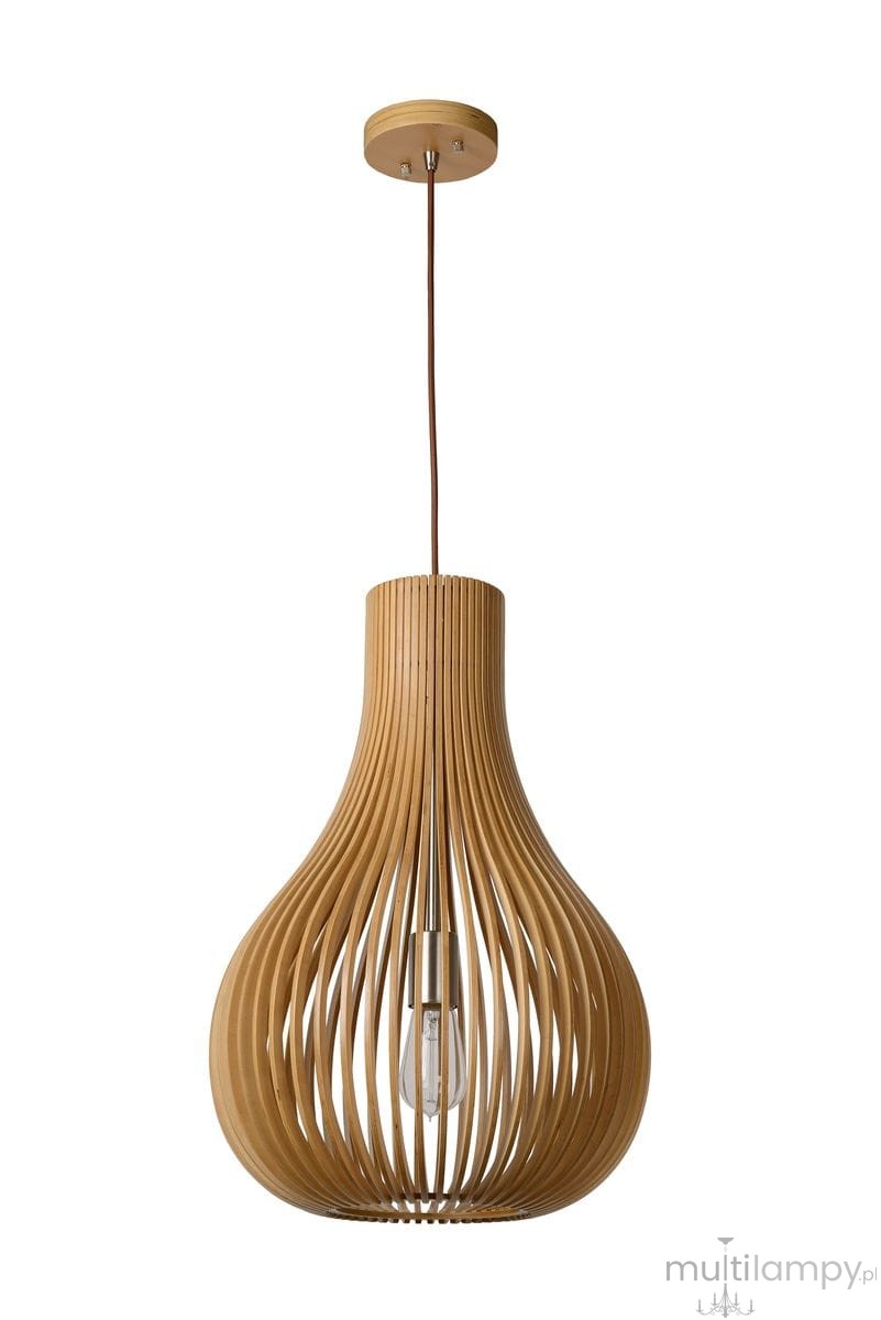 Lampa wisząca Bodo w jasnym drewnie z unikalnym, spiralnym wzorem. Zawieszona na cienkim przewodzie, posiada miejsce na żarówkę. Wykończenie w naturalnym kolorze drewna, idealna do nowoczesnych wnętrz.