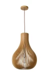 Lampa wisząca Bodo w jasnym drewnie z unikalnym, spiralnym wzorem. Zawieszona na cienkim przewodzie, posiada miejsce na żarówkę. Wykończenie w naturalnym kolorze drewna, idealna do nowoczesnych wnętrz.
