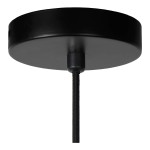 Czarna lampa wisząca Magius o jednolitym, okrągłym suficie z mocowaniem oraz tekstylnym przewodzie. Ujęcie z dołu, ukazujące detale mocowania oraz długość kabla. Idealna do nowoczesnych wnętrz.