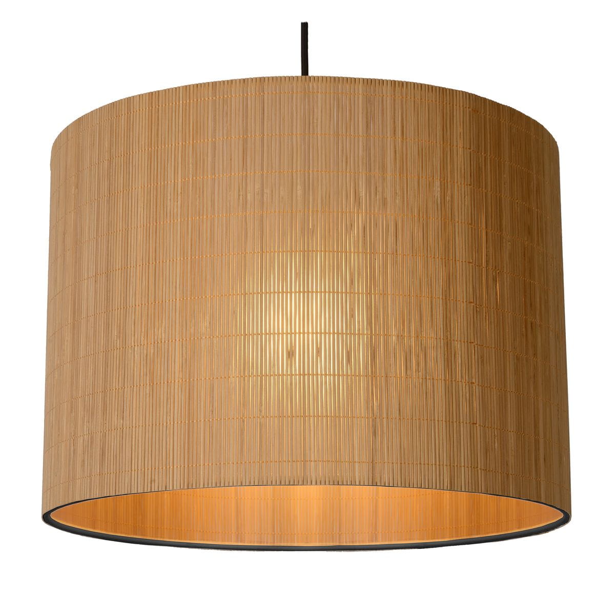Lampa wisząca Magius 1-punktowa w kolorze czarnym, z okrągłym, teksturowanym kloszem. Klosz wykonany z cienkich pasków materiału, tworzących efektowne światło. Ujęcie z boku, z widocznym detalem w środku.