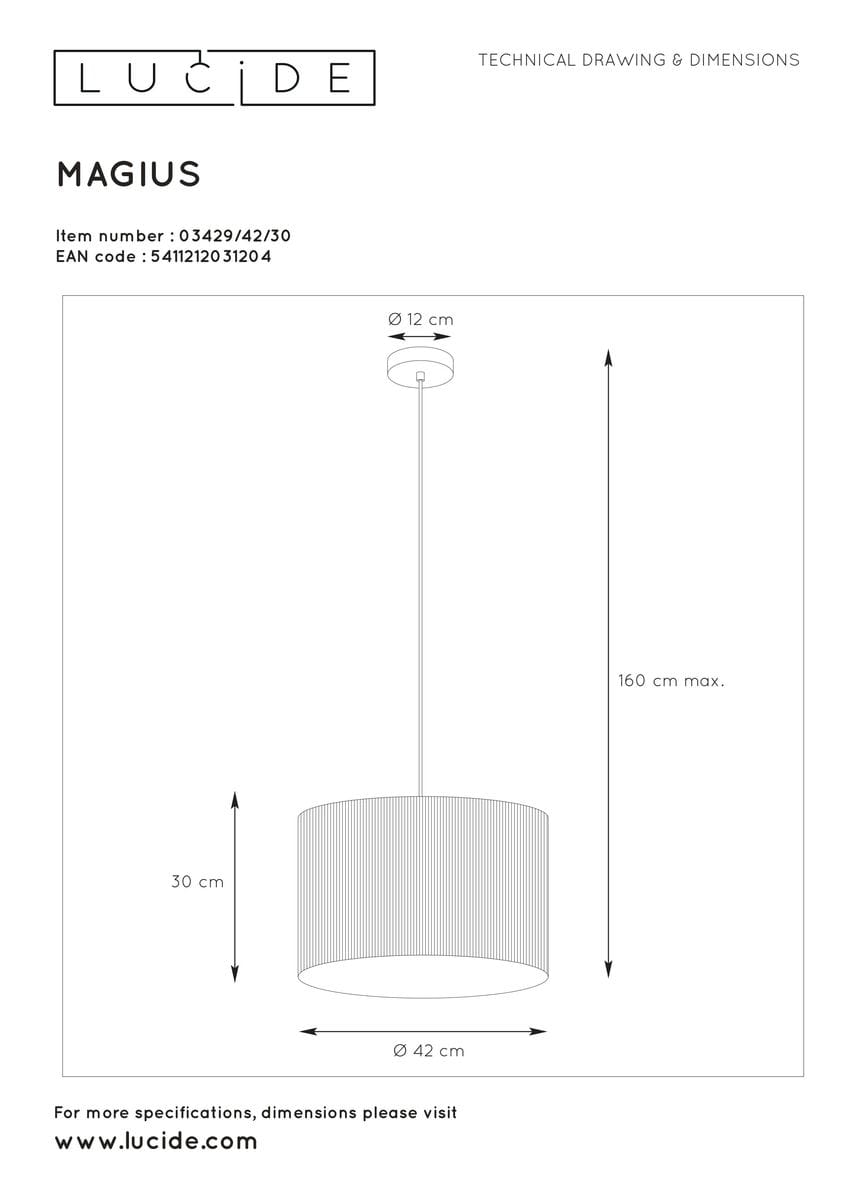 Czarna lampa wisząca Magius o średnicy 42 cm i wysokości 30 cm, z metalowym mocowaniem. Zawieszona na cienkim przewodzie, maksymalna długość wynosi 160 cm. Tekstura klosza z poziomymi żłobieniami, minimalistyczny design.