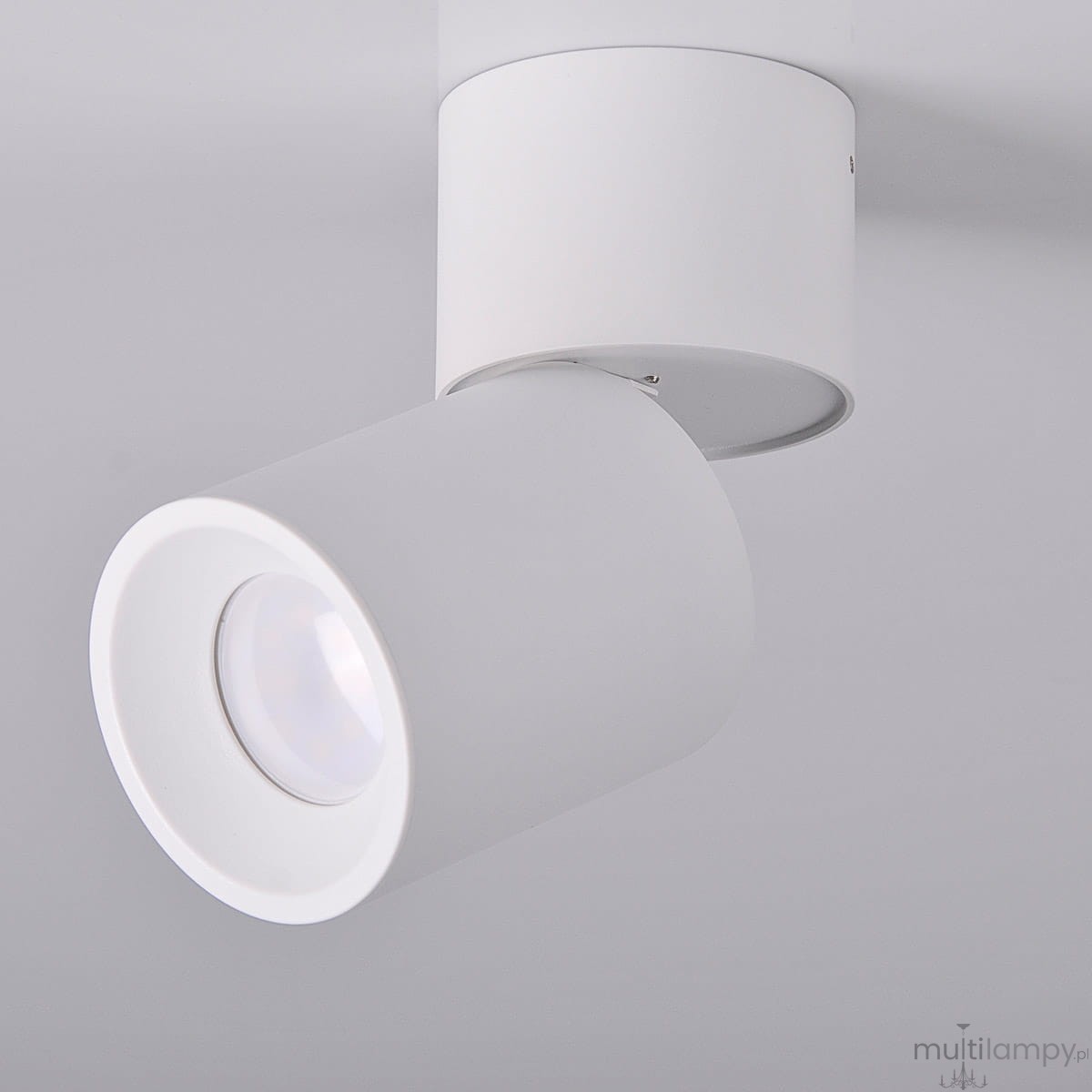 Biała lampa sufitowa Astra w formie pojedynczego spotu, z cylindrycznym kloszem skierowanym w dół. Wykonana z matowego materiału, montowana na suficie, z widoczną żarówką w środku. Prosta forma, idealna do nowoczesnych wnętrz.