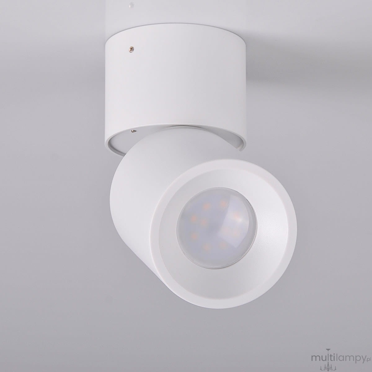 Biała lampa sufitowa Astra w formie jednopunktowego spotu. Okrągła głowica z wbudowanym źródłem światła, skierowana w dół. Prosty, nowoczesny design z matowym wykończeniem, zamocowana na okrągłym uchwycie. Tło jasne, jednolite.