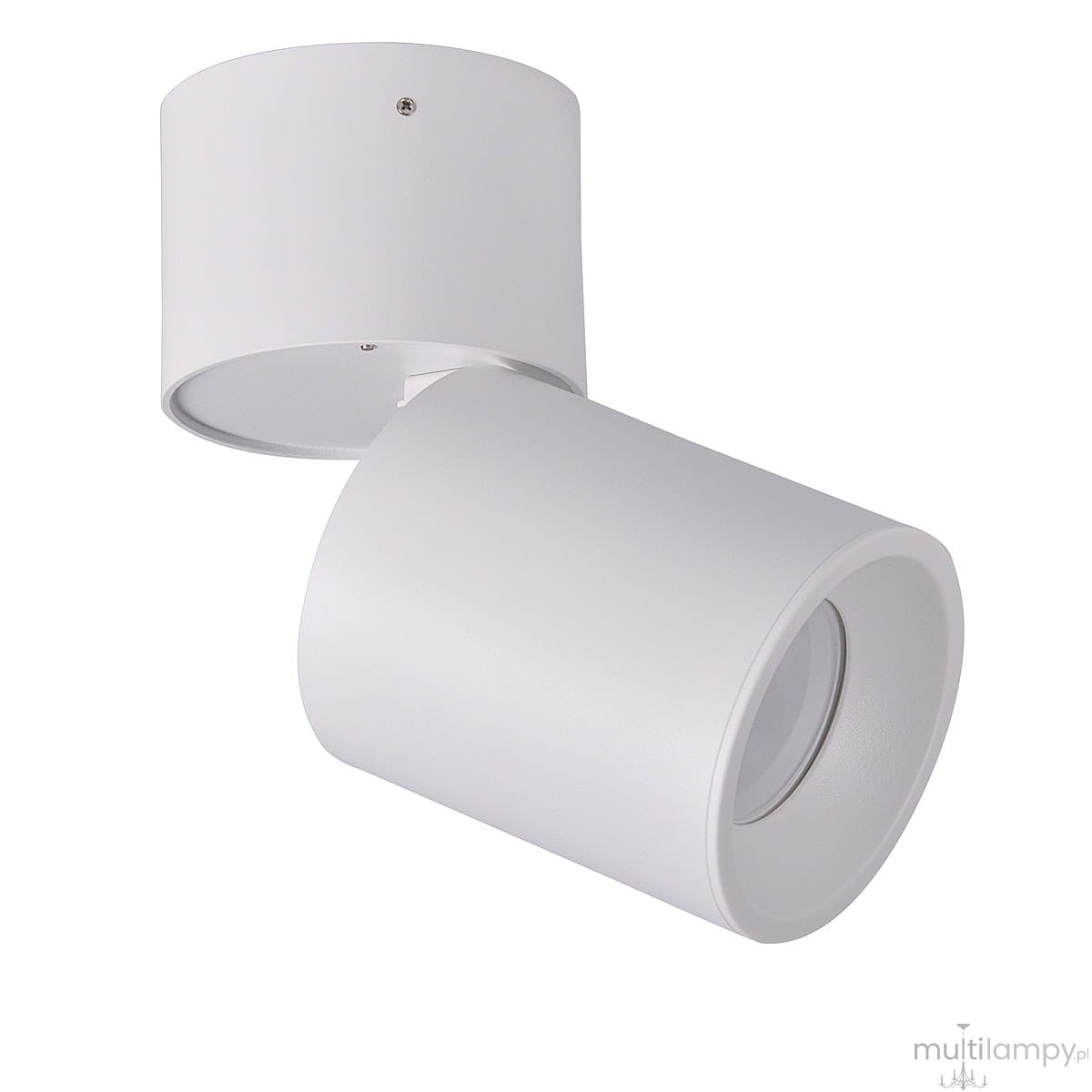 Astra lampa sufitowa (spot) 1-punktowa w kolorze białym, o cylindrycznym kształcie, zamontowana na okrągłej podstawie. Ujęcie z boku, ukazujące skierowane w dół źródło światła. Gładka, matowa powierzchnia.