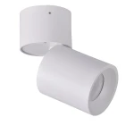 Astra lampa sufitowa (spot) 1-punktowa w kolorze białym, o cylindrycznym kształcie, zamontowana na okrągłej podstawie. Ujęcie z boku, ukazujące skierowane w dół źródło światła. Gładka, matowa powierzchnia.