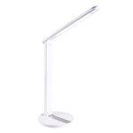 Biała lampka biurkowa Serra LED o mocy 9W, regulowanej temperaturze barwowej 3000K-6500K. Stojąca konstrukcja z okrągłą podstawą i smukłym ramieniem. Włącznik dotykowy na podstawie.