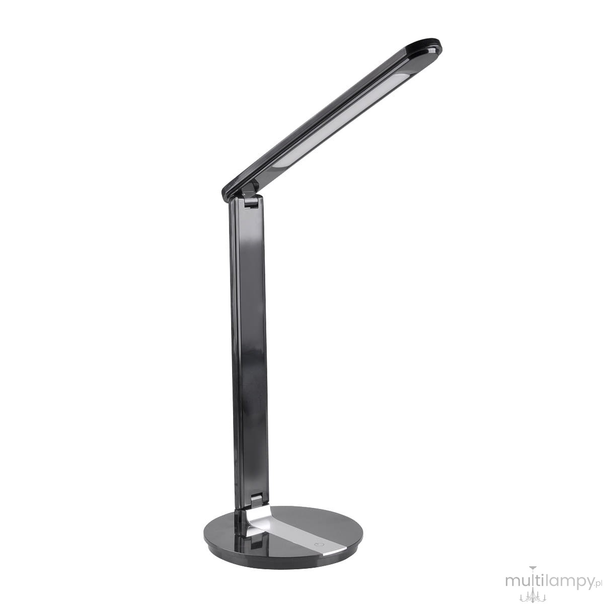 Czarna lampka biurkowa Serra LED 9W z regulacją barwy światła (3000K-6500K). Posiada smukłą, nowoczesną konstrukcję z okrągłą podstawą. Ujęcie z boku, ukazujące nachyloną głowicę lampy. Idealna do użytku biurowego i domowego.