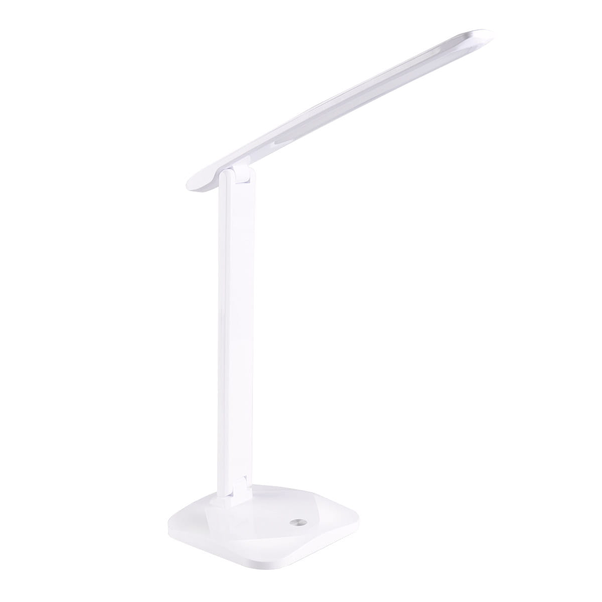 Biała lampka biurkowa Toledo LED 9W z regulacją temperatury barwowej 3000K-6500K. Posiada prostą, nowoczesną konstrukcję z ruchomym ramieniem na stabilnej podstawie w kształcie kwadratu. Ujęcie frontalne.