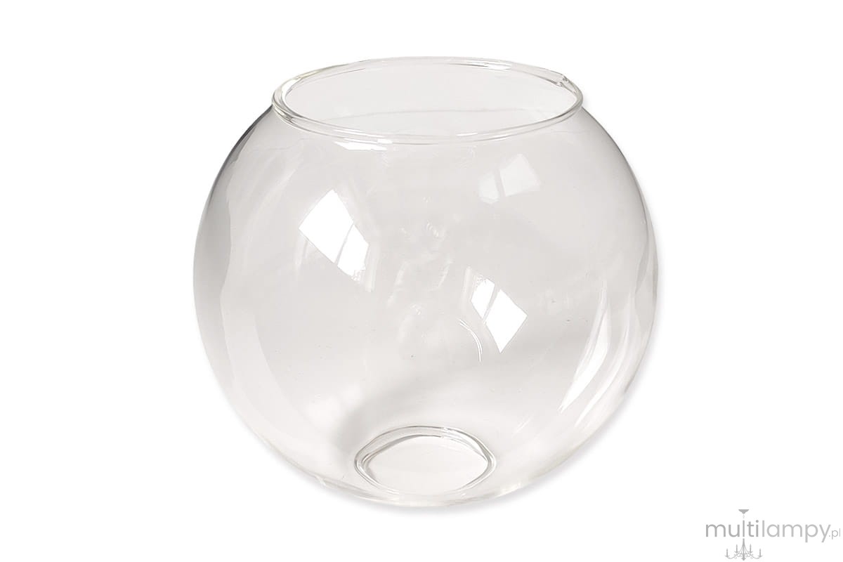 Klosz szklany Dora w kształcie kuli o średnicy 140 mm, transparentny. Ujęcie frontalne, pokazujące gładką, przezroczystą powierzchnię z widocznym otworem u podstawy. Brak nadruków lub zdobień.