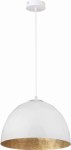 Lampa wisząca Diament D35 w kolorze białym z złotym wykończeniem, o kształcie kopuły. Montowana na długim, białym przewodzie. Widoczna struktura złotej powierzchni na dolnej krawędzi lampy. Produkt prezentowany na jednolitym tle.