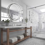 Lampa wisząca LED Mirror D60 w kolorze czarnym, o mocy 35W, z klasą ochrony IP44. Okrągły kształt z podświetleniem, umieszczona nad umywalką w nowoczesnej łazience z marmurowymi płytkami.