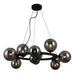 Czarna lampa wisząca Montora z 11 kulistymi kloszami o lustrzanej powierzchni, zawieszona na cienkich linkach. Klosze mają widoczne źródła światła, a całość jest zamocowana do sufitowej podstawy. Idealna do nowoczesnych wnętrz.