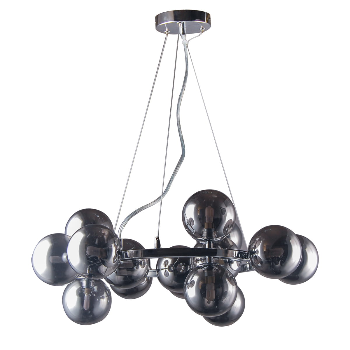 Lampa wisząca Marbelio 15-punktowa w kolorze chromu, z okrągłymi, półprzezroczystymi kloszami. Ułożona w formie rozłożonej, zawieszona na cienkich linkach. Oświetlenie nowoczesne, idealne do aranżacji wnętrz.
