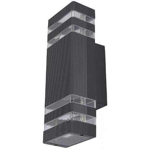 Kinkiet elewacyjny Rio w kolorze antracytowym, o prostokątnym kształcie z dwoma punktami świetlnymi. Posiada teksturowaną powierzchnię i przezroczyste elementy, montowany na ścianie. Zastosowanie w aranżacji zewnętrznej.