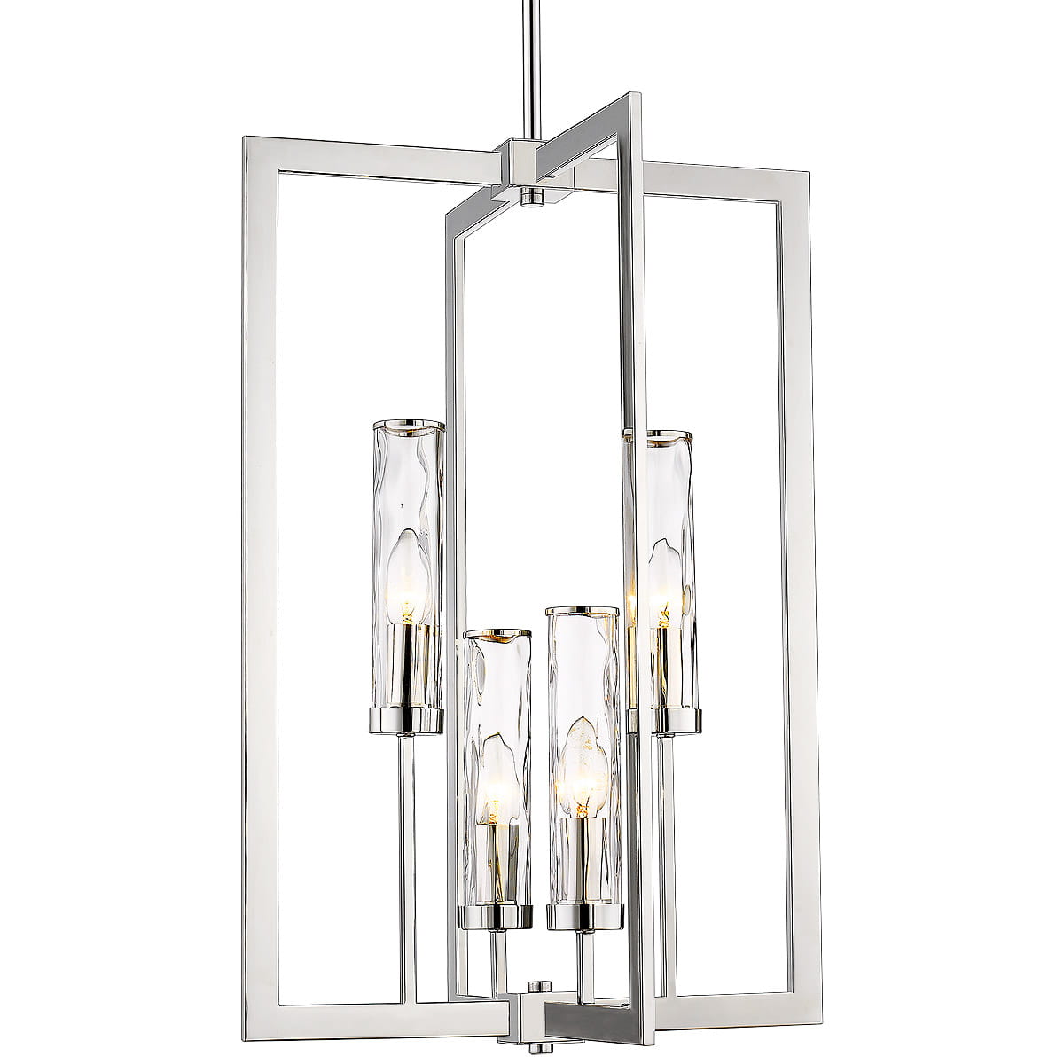 Lampa wisząca Oxford, 4-punktowa, z chromowaną metalową ramą i czterema przezroczystymi kloszami w kształcie cylindrów. Ujęcie frontalne, zawieszona na cienkim łańcuszku, idealna do nowoczesnych wnętrz.