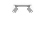 Lampa sufitowa Merida 2-punktowa w kolorze szarym, z dwoma prostokątnymi reflektorami skierowanymi w różne strony. Ujęcie frontalne, zamontowana na płaskim stelażu. Idealna do oświetlenia wnętrz.