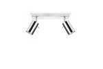 Lampa sufitowa 2-punktowa w kolorze chromu, z dwoma cylindrycznymi reflektorami zamocowanymi na prostokątnej podstawie. Reflektory są ustawione pod kątem, co umożliwia kierowanie światła w różne miejsca. Tło białe, co podkreśla nowoczesny design.