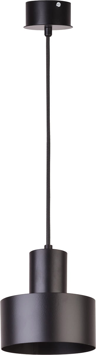 Lampa wisząca Rif D15, 1-punktowa, czarna. Okrągły, matowy klosz z metalowym wykończeniem, zawieszony na plecionym przewodzie. Ujęcie frontalne, produkt wiszący, przeznaczony do nowoczesnych wnętrz. Tło jednolite.