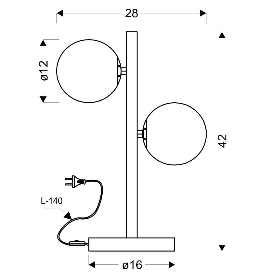 Lampka stołowa Kama, 2-punktowa, z okrągłymi kloszami o średnicy 12 cm, umieszczona na prostokątnym podstawie o wymiarach 16x28 cm. Wysokość 42 cm, z kablem o długości 140 cm. Prosta konstrukcja z metalowym stelażem.